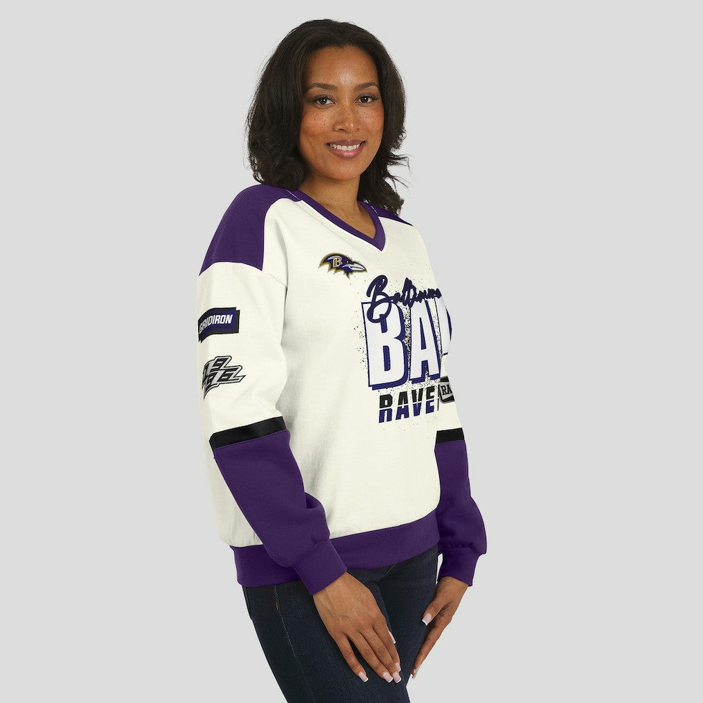Baltimore Ravens WEAR by Erin Andrews Women's Racing Crew V-Neck Sweatshirt - Cream cheap