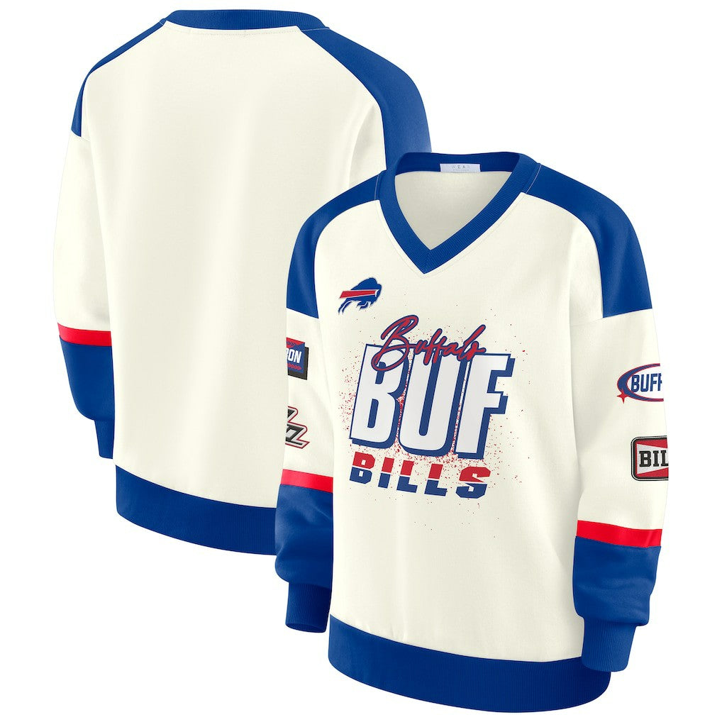 Buffalo Bills WEAR by Erin Andrews Women's Racing Crew V-Neck Sweatshirt - Cream sale