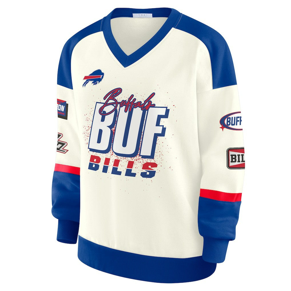 Buffalo Bills WEAR by Erin Andrews Women's Racing Crew V-Neck Sweatshirt - Cream sale