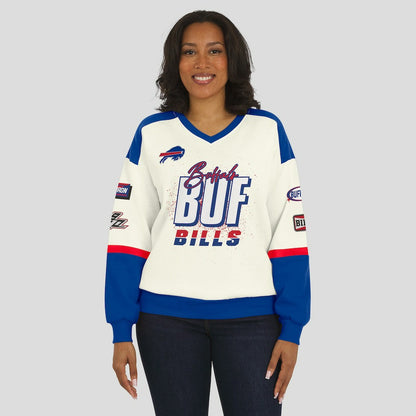 Buffalo Bills WEAR by Erin Andrews Women's Racing Crew V-Neck Sweatshirt - Cream sale
