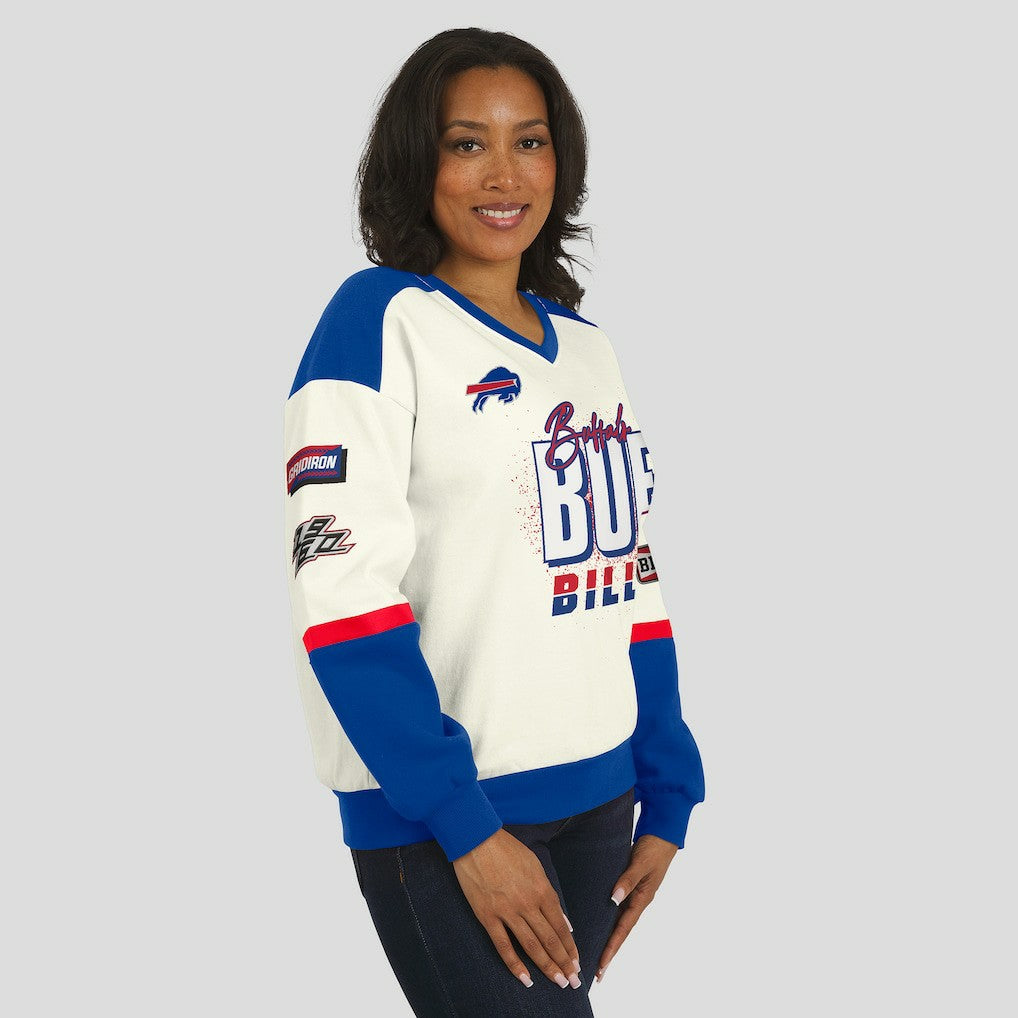 Buffalo Bills WEAR by Erin Andrews Women's Racing Crew V-Neck Sweatshirt - Cream sale