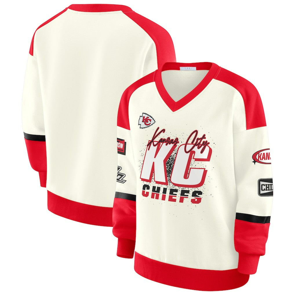 Kansas City Chiefs WEAR by Erin Andrews Women's Racing Crew V-Neck Sweatshirt - Cream sale