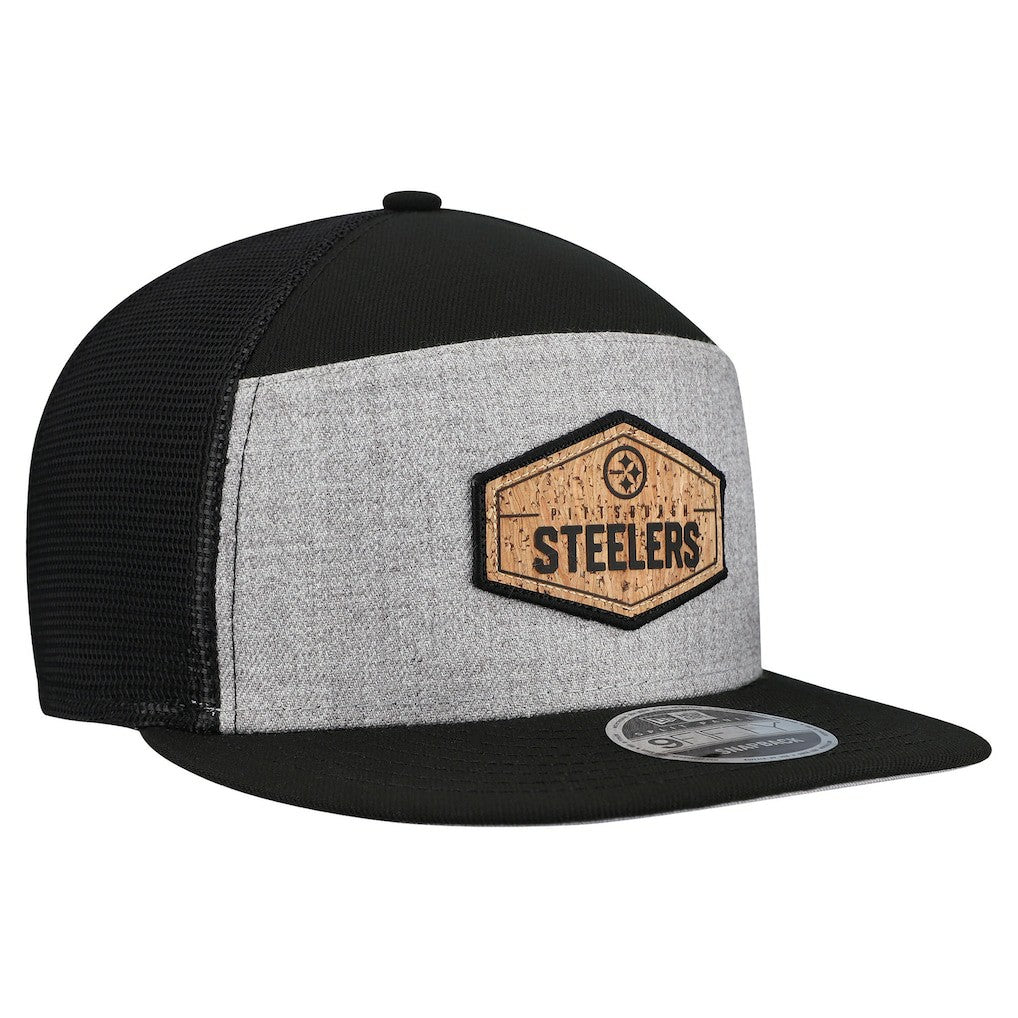 Pittsburgh Steelers New Era Cork Split Panel 9FIFTY Trucker Snapback Hat - Gray/Black sale