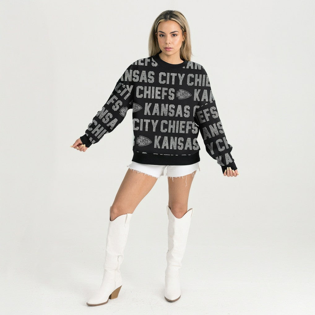 Kansas City Chiefs Gameday Couture Women's Oversized Hype Era Rhinestone Text Sweatshirt - Black for sale