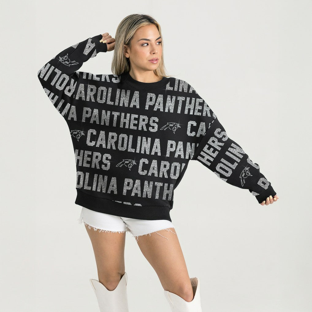 Carolina Panthers Gameday Couture Women's Oversized Hype Era Rhinestone Text Sweatshirt - Black outlet
