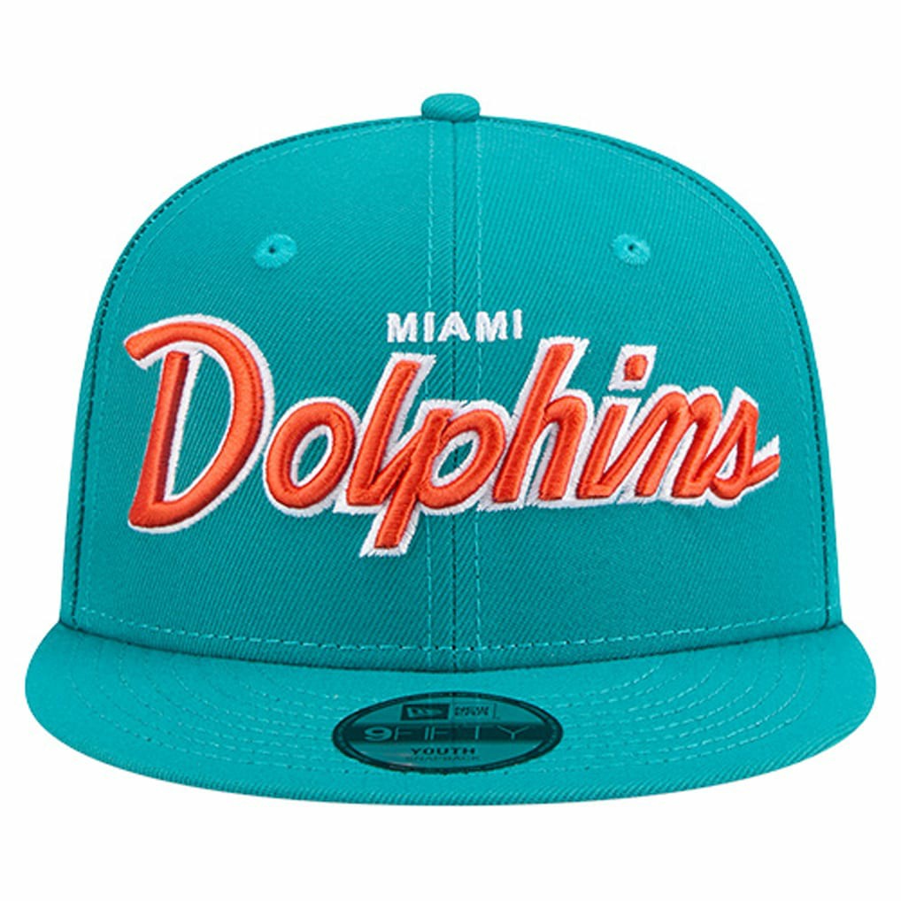 Miami Dolphins New Era Youth Main Script 9FIFTY Snapback Hat - Aqua on sale