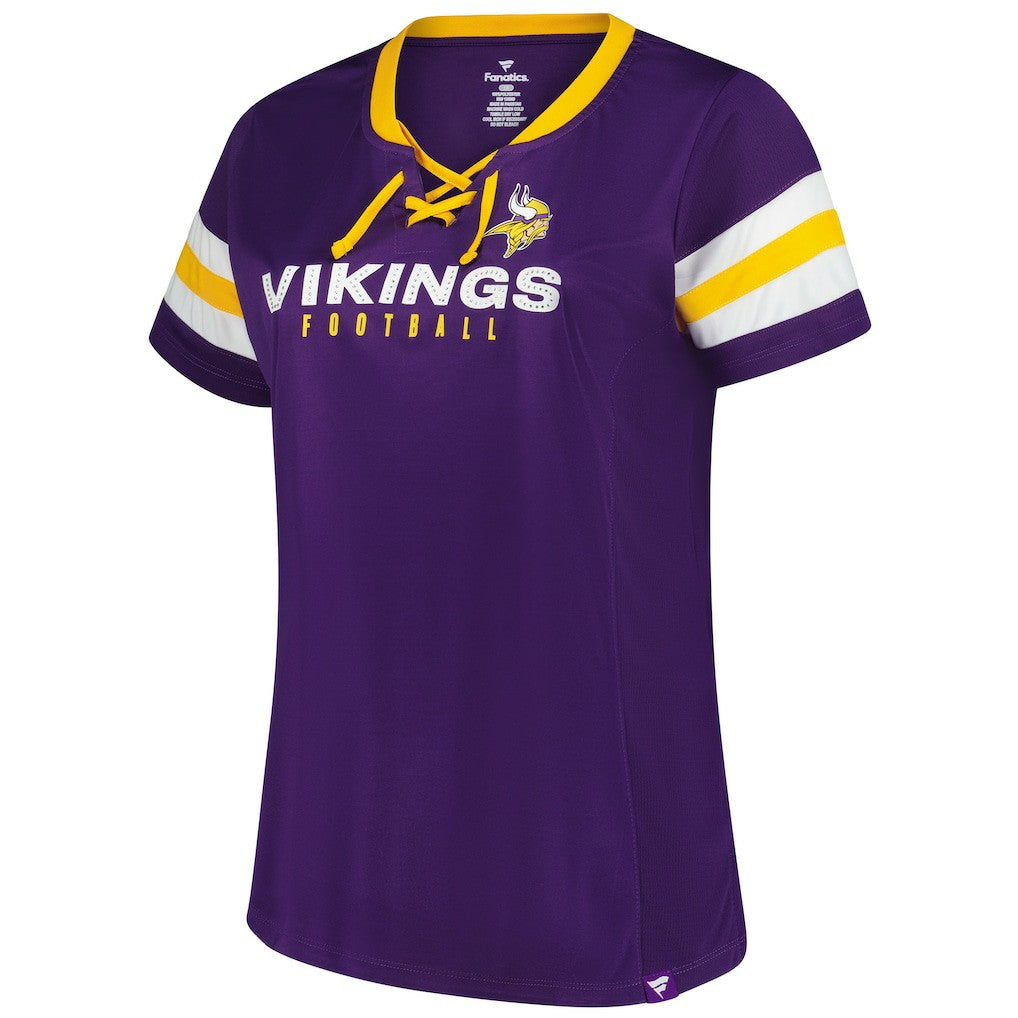 Minnesota Vikings Women's Plus Size Rhinestone Redzone Athena Lace-Up Notch Neck T-Shirt - Purple on sale