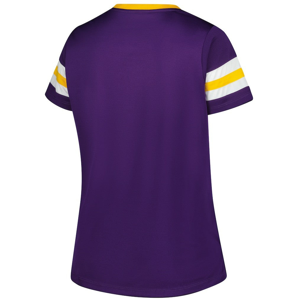 Minnesota Vikings Women's Plus Size Rhinestone Redzone Athena Lace-Up Notch Neck T-Shirt - Purple on sale