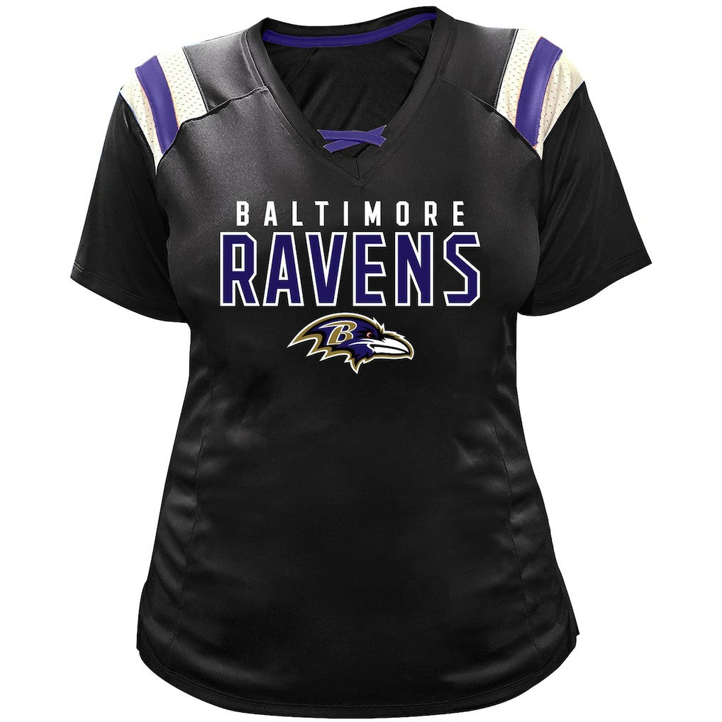 Lamar Jackson Baltimore Ravens Women's Plus Size Name & Number Raglan Lace V-Neck T-Shirt - Black sale