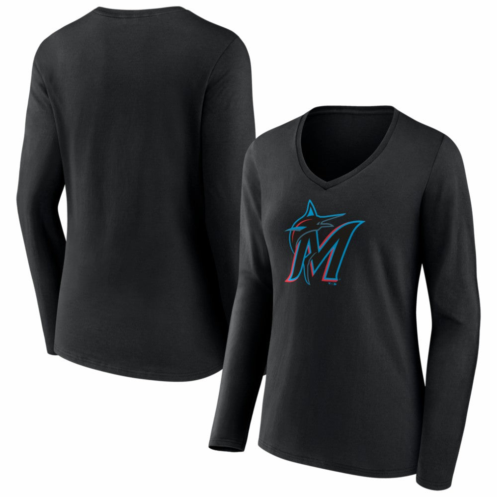 Miami Marlins Women's Logo Long Sleeve V-Neck T-Shirt - Black