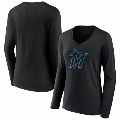 Miami Marlins Women's Logo Long Sleeve V-Neck T-Shirt - Black