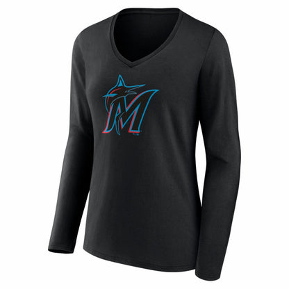 Miami Marlins Women's Logo Long Sleeve V-Neck T-Shirt - Black