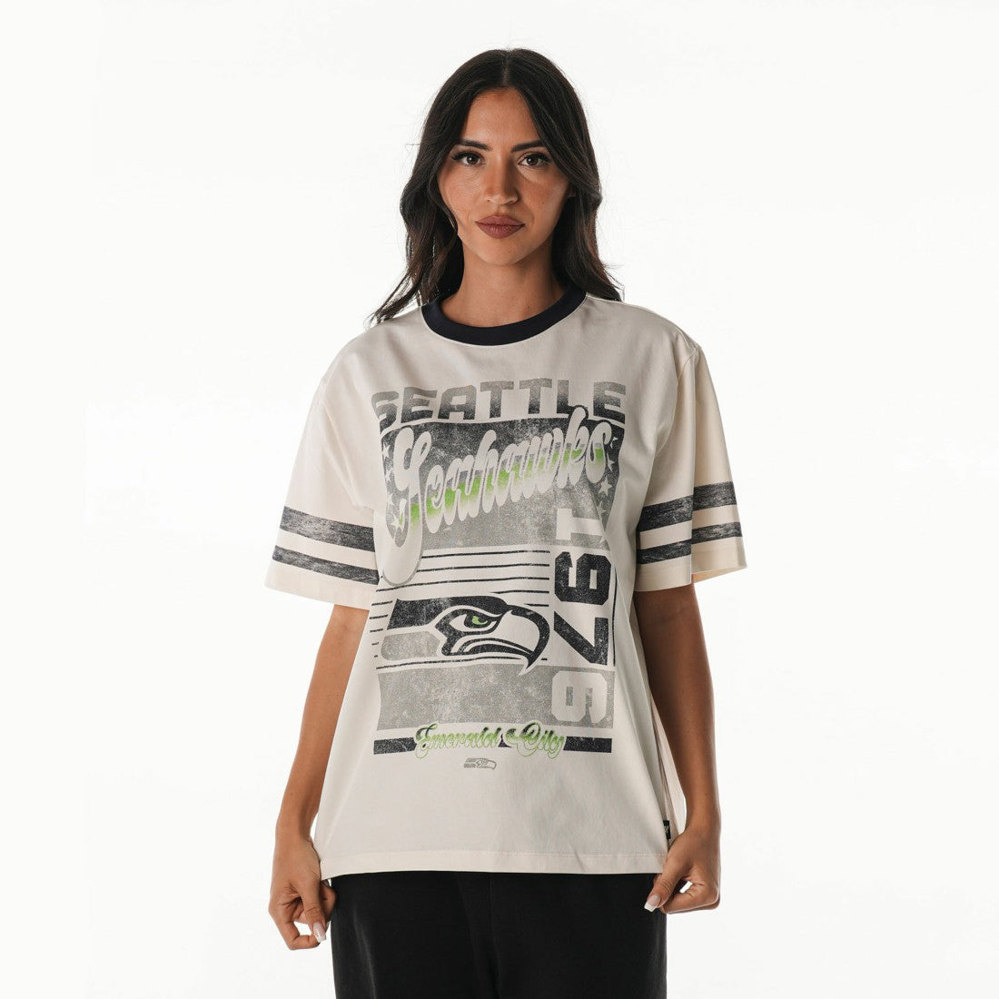 Seattle Seahawks The Wild Collective Women's Vintage Drop Shoulder Oversized Boyfriend T-Shirt - Cream on sale