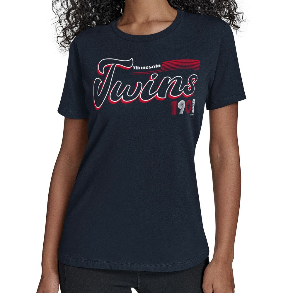 Minnesota Twins Starter Women's Groovy Script Team Fitted T-Shirt - Navy