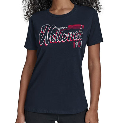 Washington Nationals Starter Women's Groovy Script Team Fitted T-Shirt - Navy