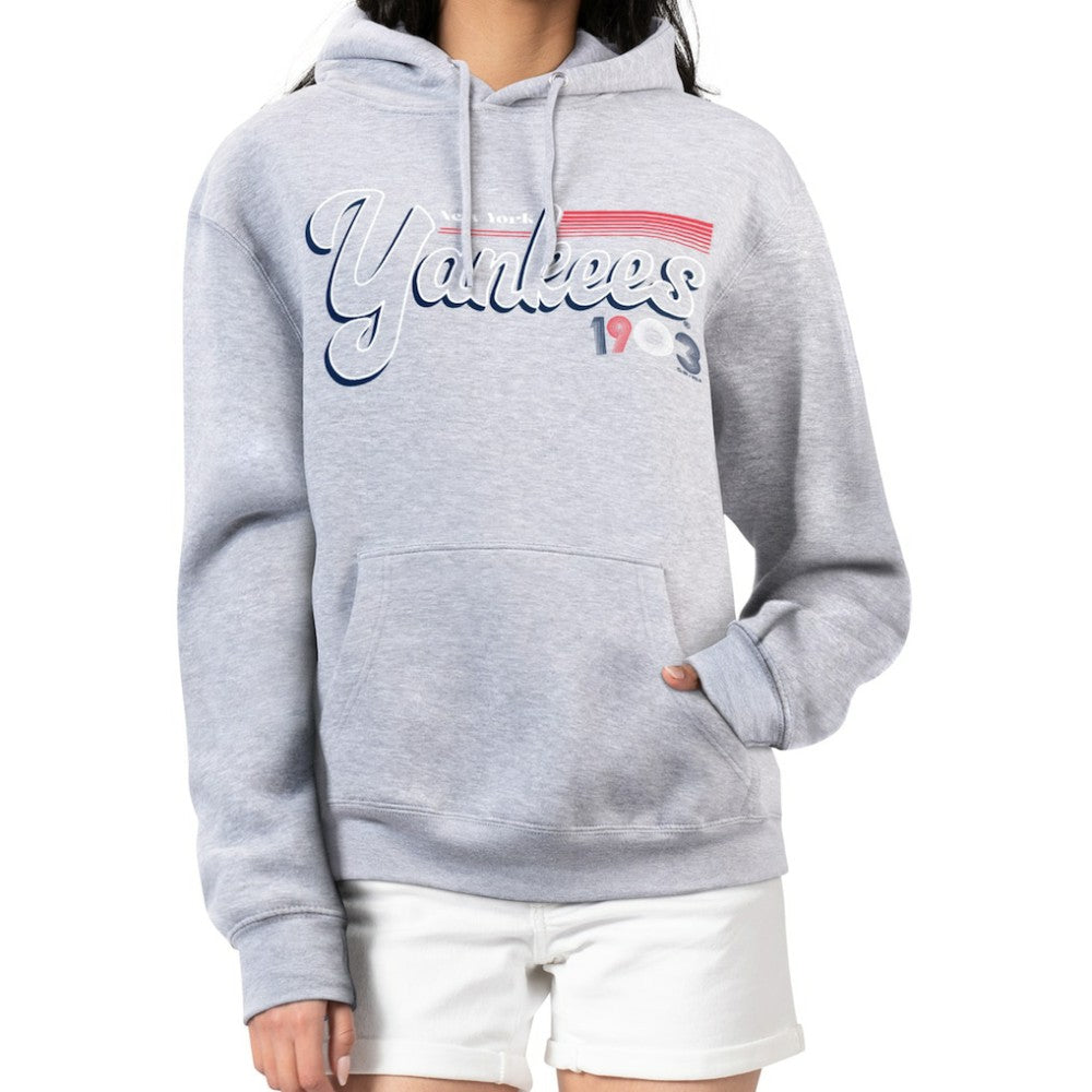 New York Yankees Starter Women's Groovy Script Team Fleece Pullover Hoodie - Gray