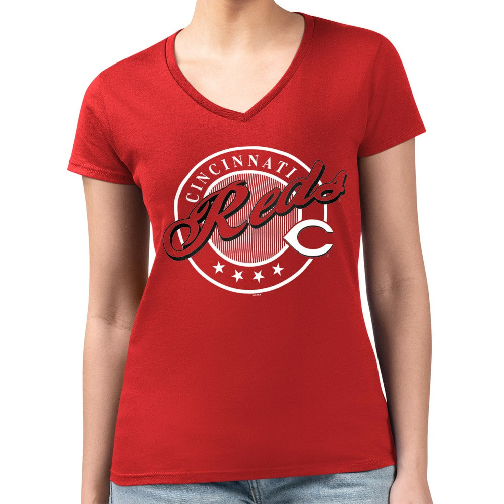 Cincinnati Reds G-III 4Her by Carl Banks Women's Super-Slim Fit Lightweight Pinstripe Circle V-Neck T-Shirt - Red