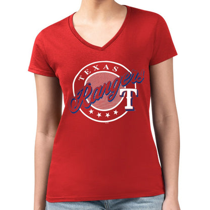 Texas Rangers G-III 4Her by Carl Banks Women's Super-Slim Fit Lightweight Pinstripe Circle V-Neck T-Shirt - Red