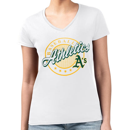 Athletics G-III 4Her by Carl Banks Women's Super-Slim Fit Lightweight Pinstripe Circle V-Neck T-Shirt - White