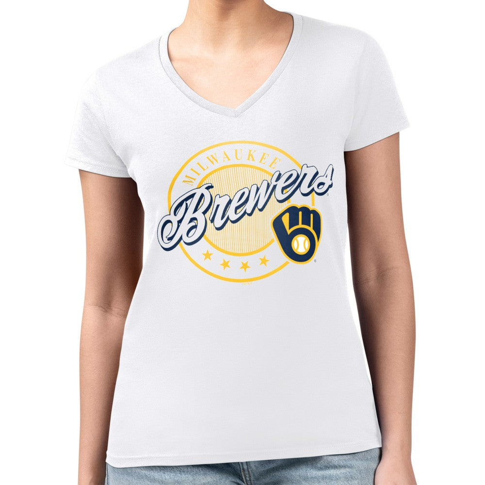 Milwaukee Brewers G-III 4Her by Carl Banks Women's Super-Slim Fit Lightweight Pinstripe Circle V-Neck T-Shirt - White