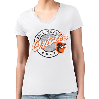 Baltimore Orioles G-III 4Her by Carl Banks Women's Super-Slim Fit Lightweight Pinstripe Circle V-Neck T-Shirt - White
