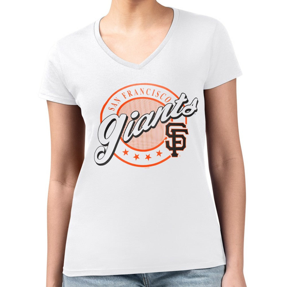 San Francisco Giants G-III 4Her by Carl Banks Women's Super-Slim Fit Lightweight Pinstripe Circle V-Neck T-Shirt - White