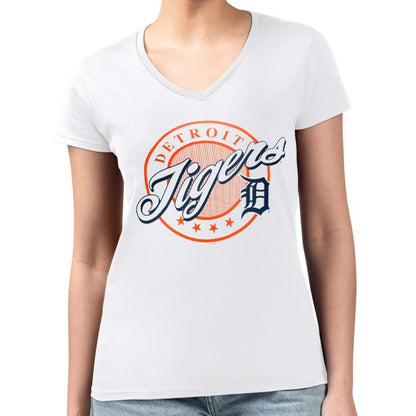 Detroit Tigers G-III 4Her by Carl Banks Women's Super-Slim Fit Lightweight Pinstripe Circle V-Neck T-Shirt - White