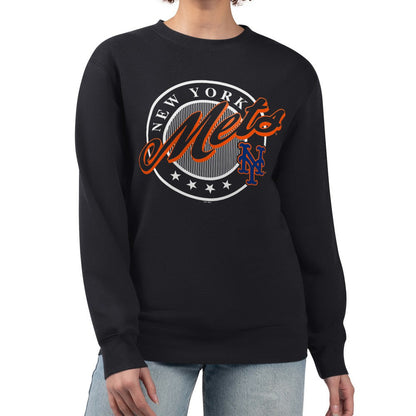 New York Mets G-III 4Her by Carl Banks Women's Pinstripe Circle Team Fleece Pullover Sweatshirt - Black