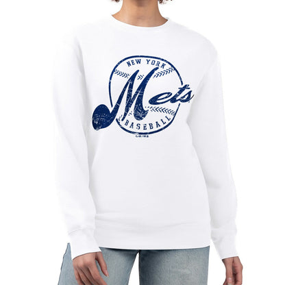 New York Mets G-III 4Her by Carl Banks Women's Distressed Baseball Team Fleece Pullover Sweatshirt - White