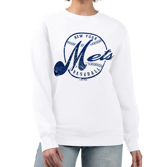 New York Mets G-III 4Her by Carl Banks Women's Distressed Baseball Team Fleece Pullover Sweatshirt - White