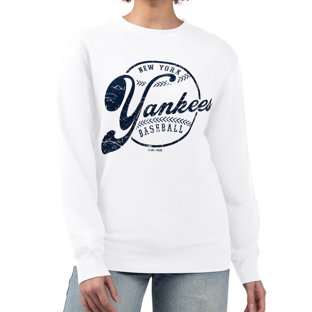 New York Yankees G-III 4Her by Carl Banks Women's Distressed Baseball Team Fleece Pullover Sweatshirt - White