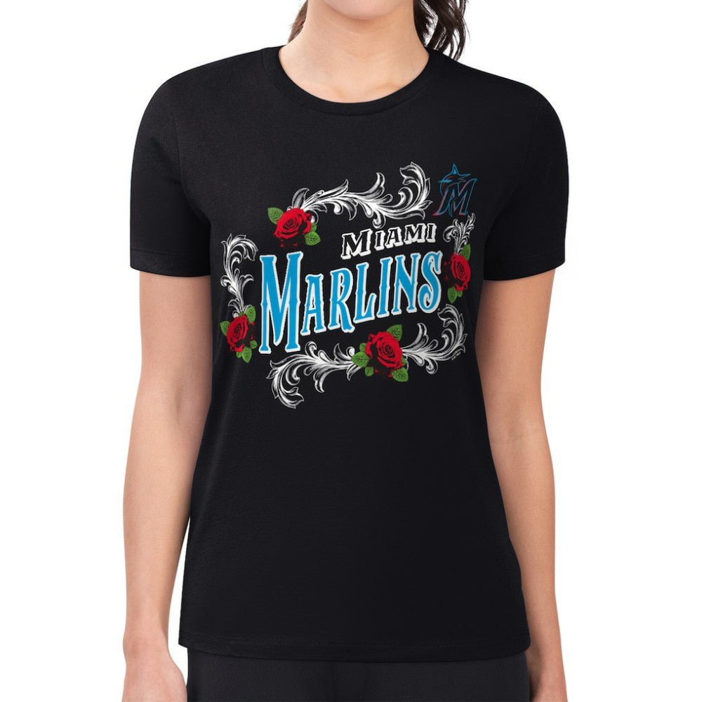 Miami Marlins G-III 4Her by Carl Banks Women's Super-Slim Fit Lightweight Retro Roses T-Shirt - Black