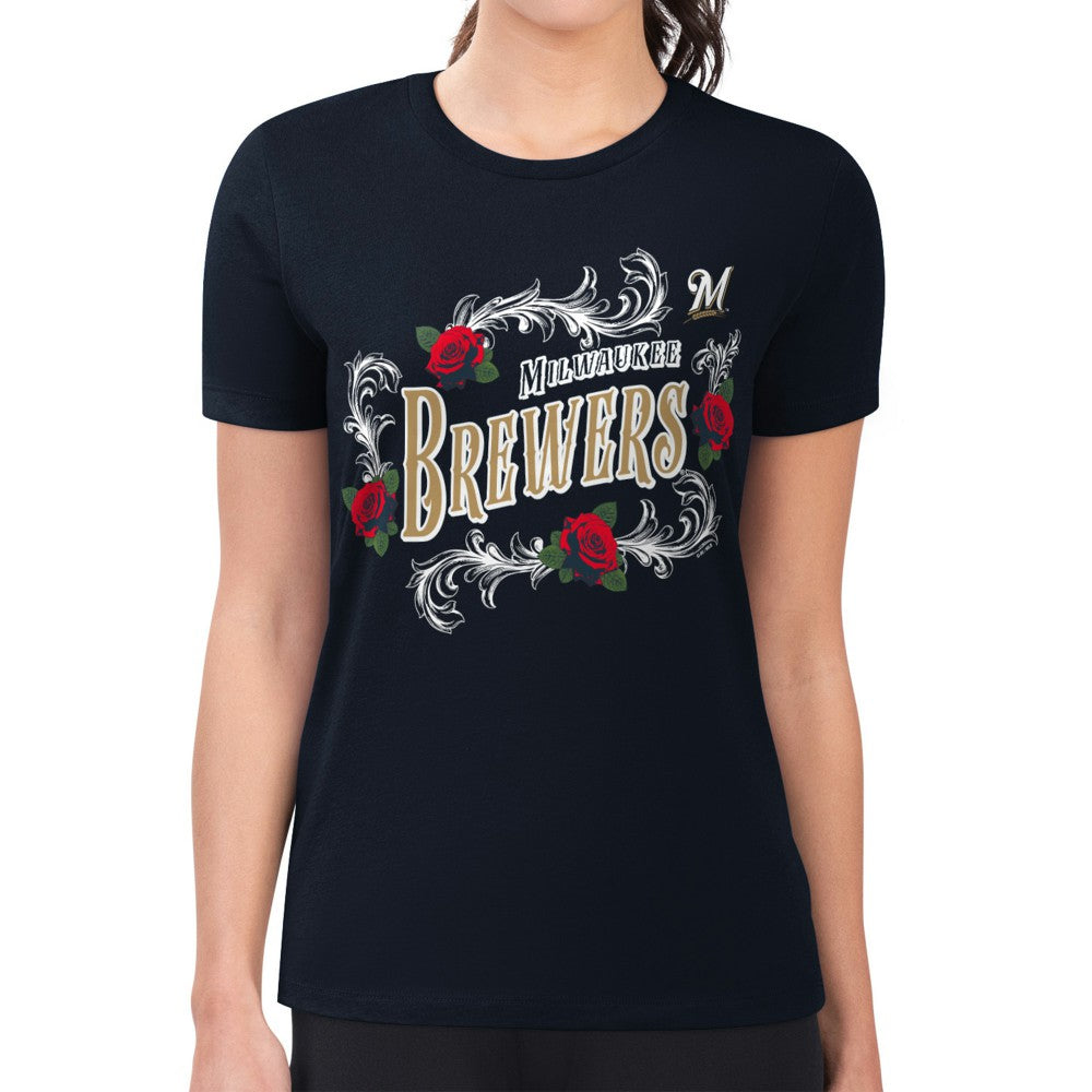 Milwaukee Brewers G-III 4Her by Carl Banks Women's Super-Slim Fit Lightweight Retro Roses T-Shirt - Navy