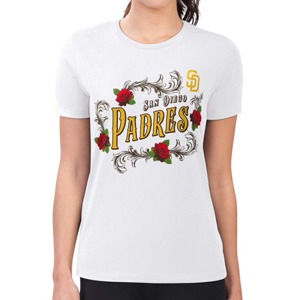 San Diego Padres G-III 4Her by Carl Banks Women's Super-Slim Fit Lightweight Retro Roses T-Shirt - White