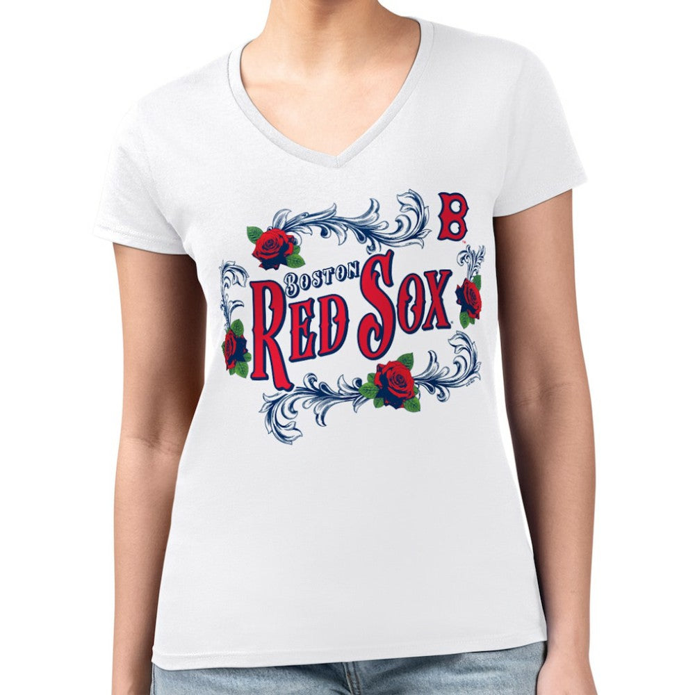 Boston Red Sox G-III 4Her by Carl Banks Women's Super-Slim Fit Lightweight Retro Roses V-Neck T-Shirt - White