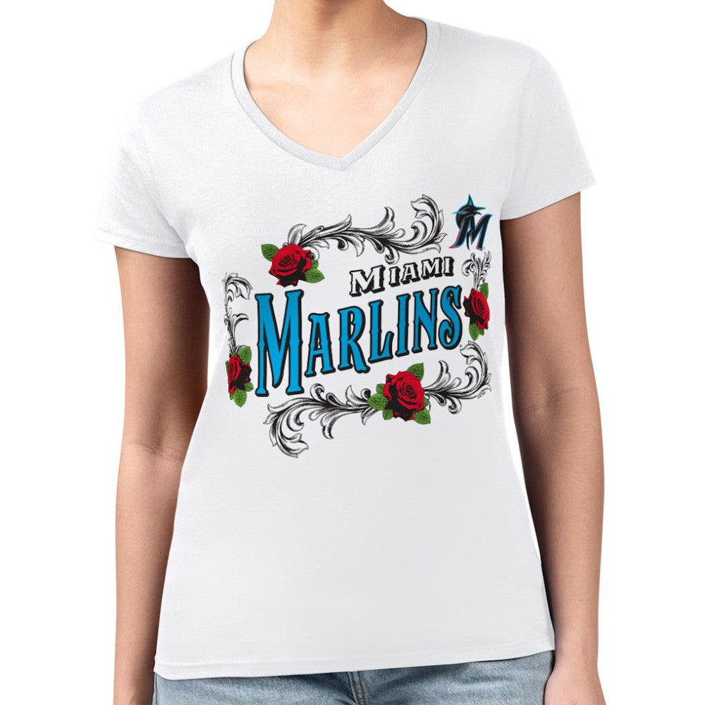 Miami Marlins G-III 4Her by Carl Banks Women's Super-Slim Fit Lightweight Retro Roses V-Neck T-Shirt - White