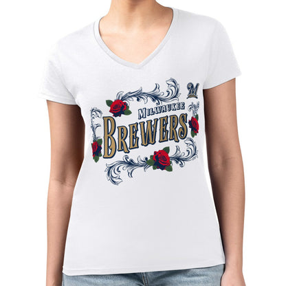 Milwaukee Brewers G-III 4Her by Carl Banks Women's Super-Slim Fit Lightweight Retro Roses V-Neck T-Shirt - White