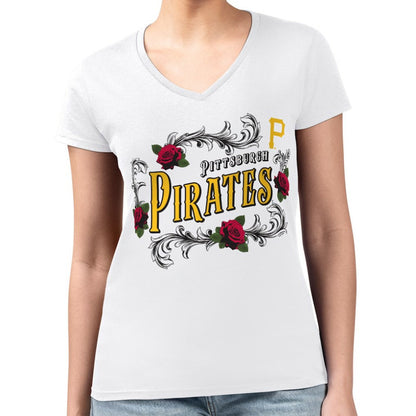 Pittsburgh Pirates G-III 4Her by Carl Banks Women's Super-Slim Fit Lightweight Retro Roses V-Neck T-Shirt - White