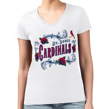 St. Louis Cardinals G-III 4Her by Carl Banks Women's Super-Slim Fit Lightweight Retro Roses V-Neck T-Shirt - White