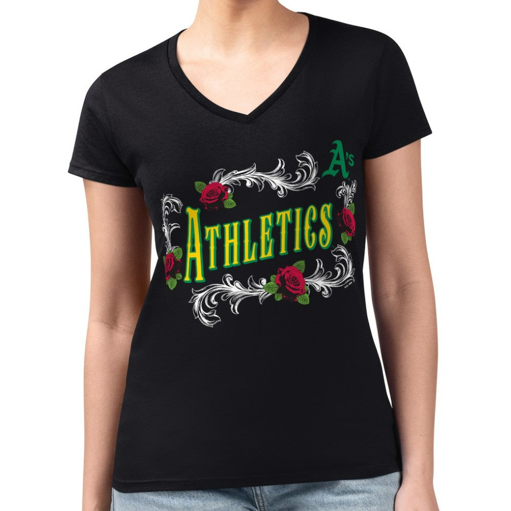 Athletics G-III 4Her by Carl Banks Women's Super-Slim Fit Lightweight Retro Roses V-Neck T-Shirt - Black