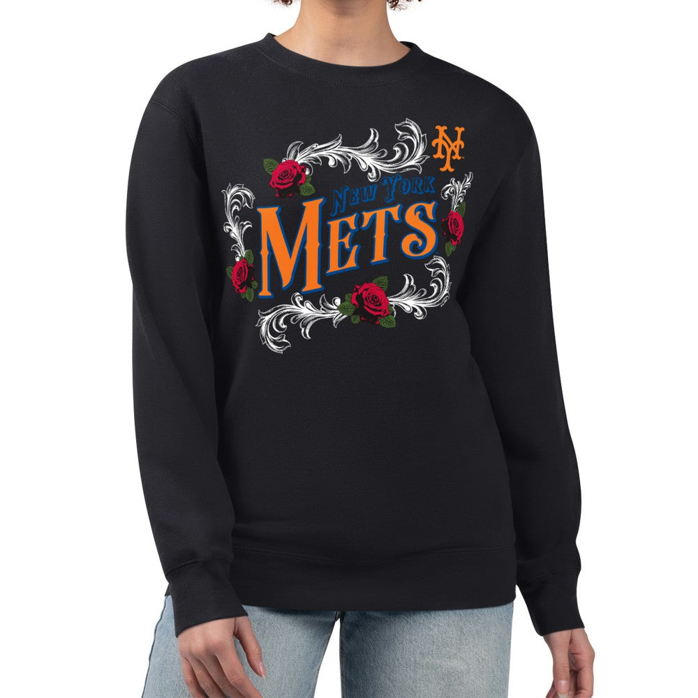New York Mets G-III 4Her by Carl Banks Women's Retro Roses Fleece Pullover Sweatshirt - Black