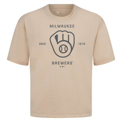 Milwaukee Brewers Levelwear Crossway Oversized Luxe Signature Knit T-Shirt - Khaki