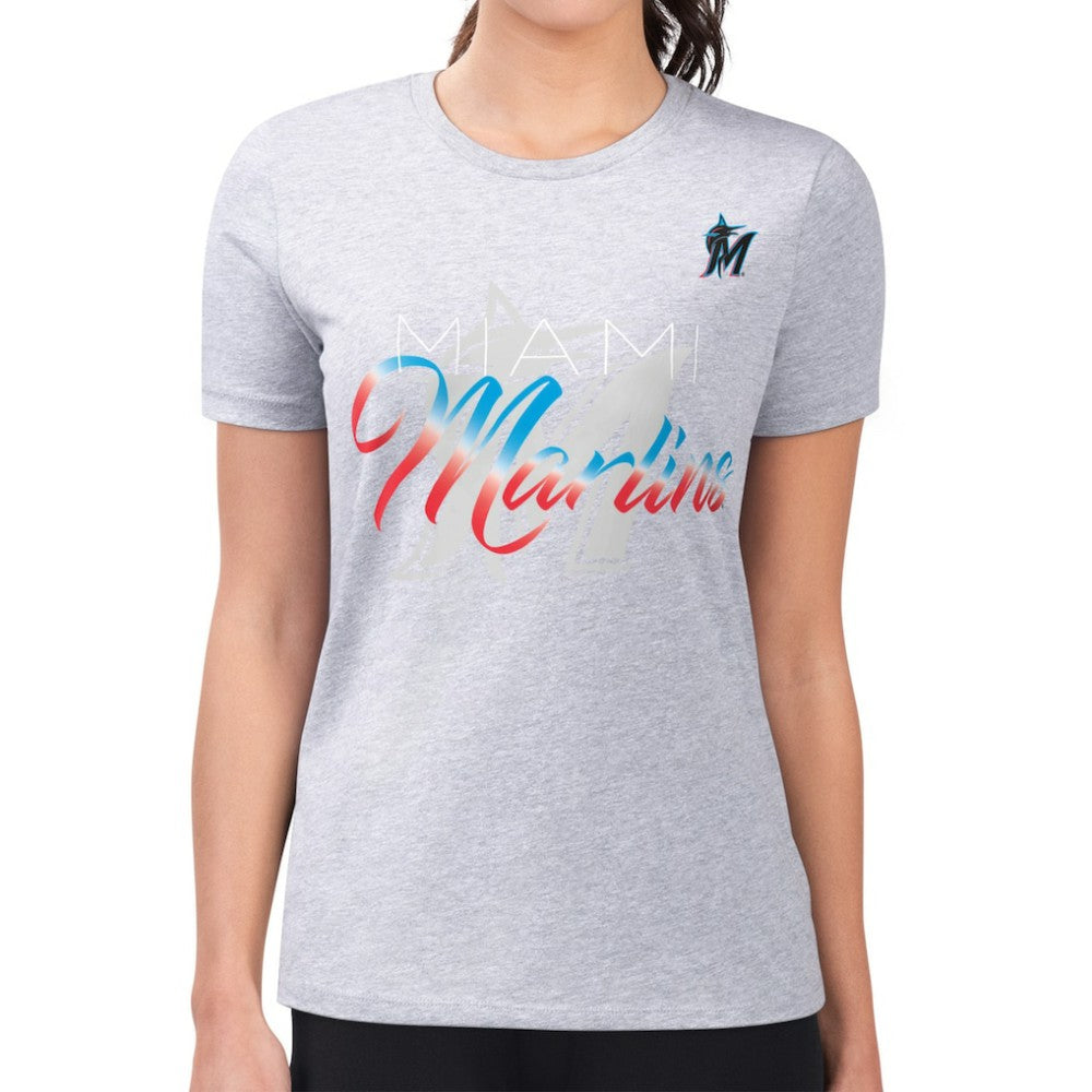 Miami Marlins G-III 4Her by Carl Banks Women's Super-Slim Fit Lightweight Shadow Logo Graphic T-Shirt - Heather Gray