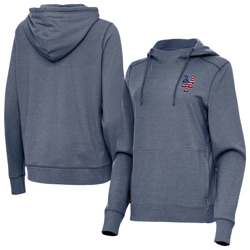 New York Mets Antigua Women's Justice Stars and Stripes Team Logo Pullover Hoodie - Heather Navy