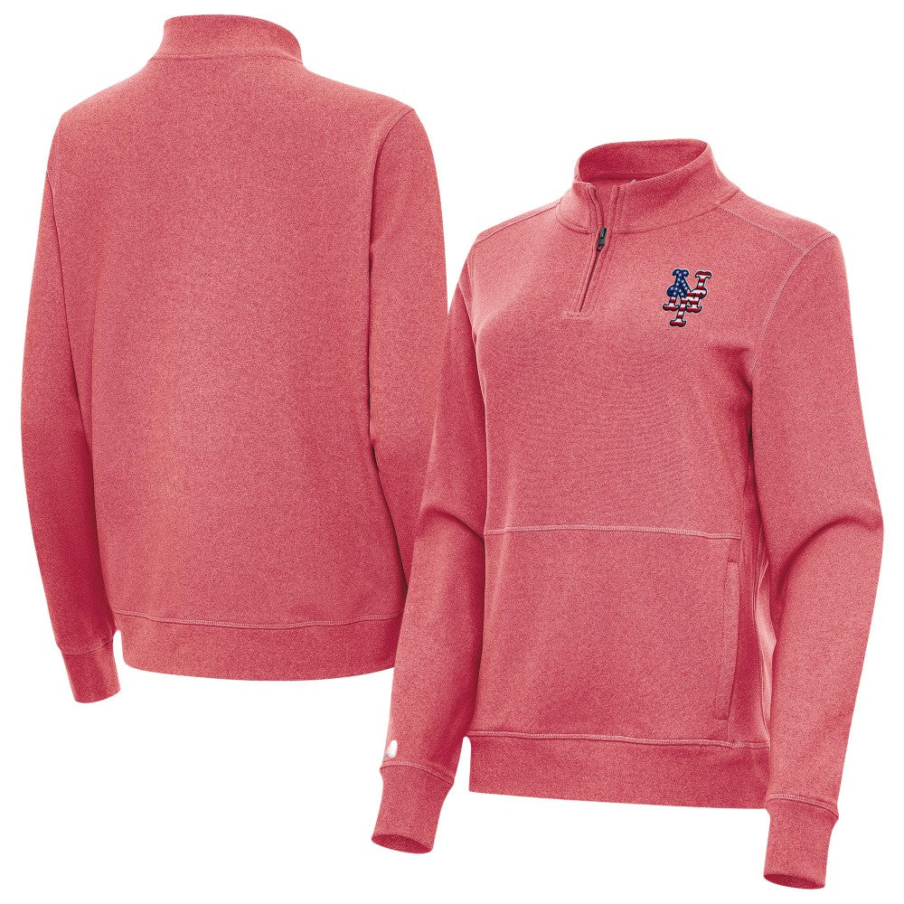 New York Mets Antigua Women's Crush Stars and Stripes Team Logo Quarter-Zip Pullover Top - Heather Red
