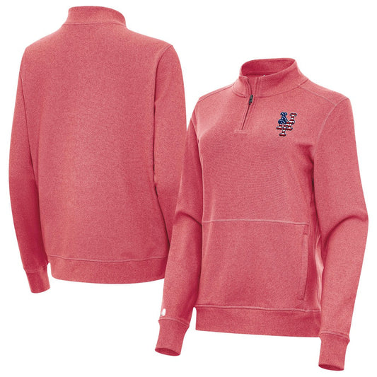 New York Mets Antigua Women's Crush Stars and Stripes Team Logo Quarter-Zip Pullover Top - Heather Red
