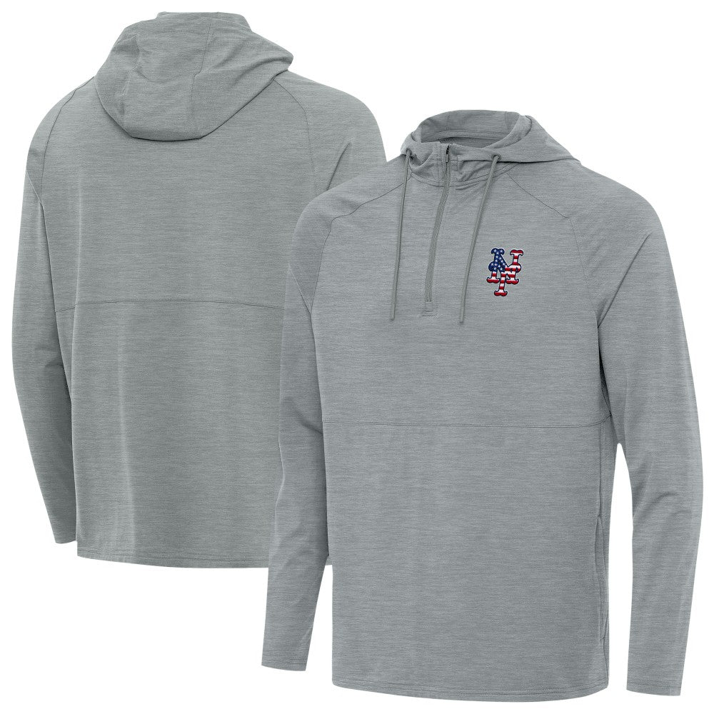 New York Mets Antigua Spikes Stars and Stripes Team Logo Quarter-Zip Pullover Hoodie - Heather Gray