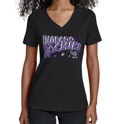 Colorado Rockies Starter Women's Fireworks V-Neck T-Shirt - Black