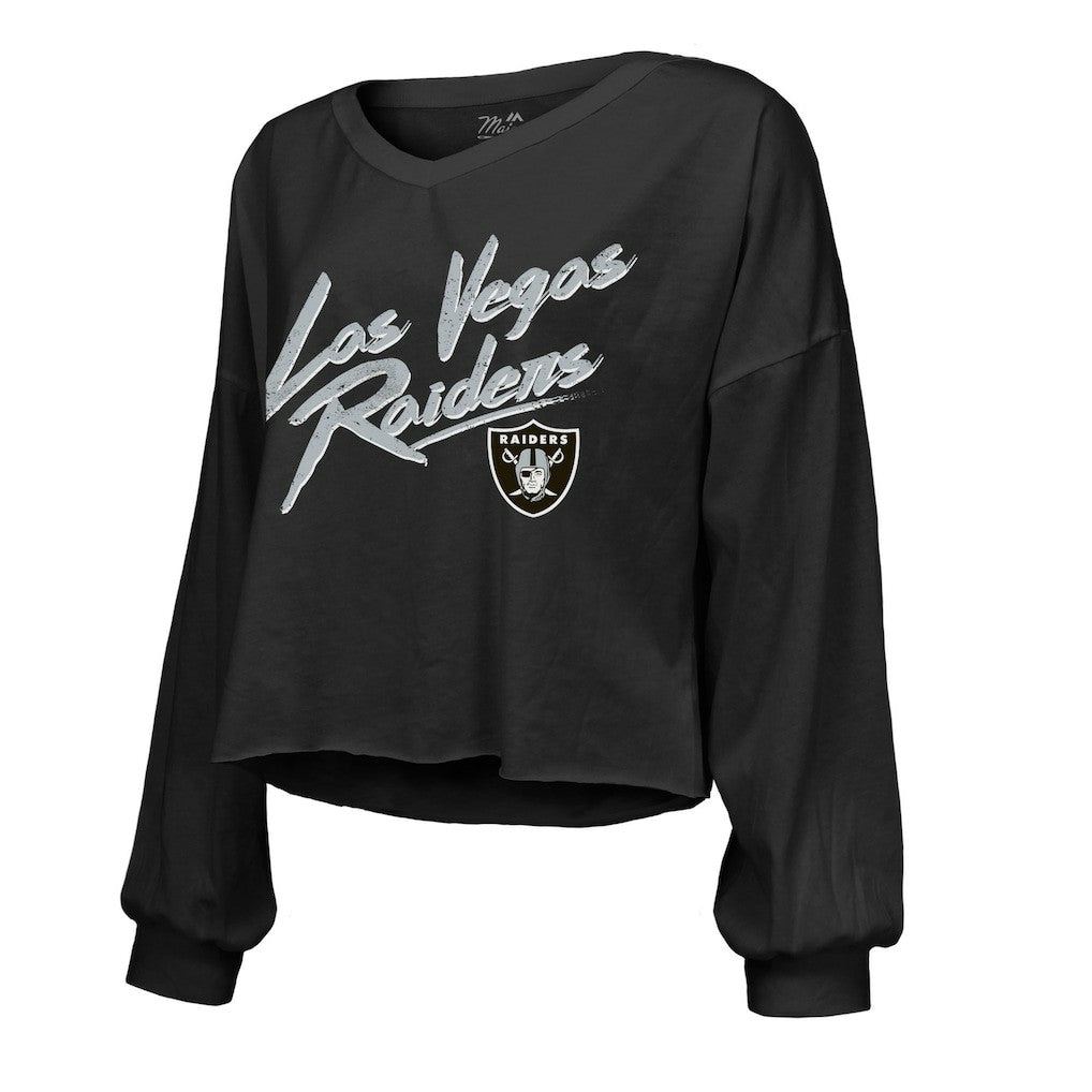 Ashton Jeanty Las Vegas Raiders Majestic Threads Women's Name & Number Off-Shoulder Script Cropped Long Sleeve Relaxed V-Neck T-Shirt - Black for sale