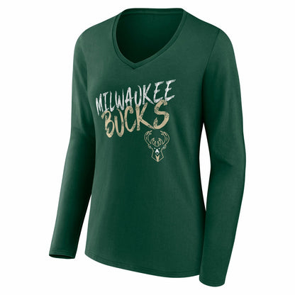 Milwaukee Bucks Women's Hustle Custom Long Sleeve V-Neck T-Shirt - Hunter Green outlet